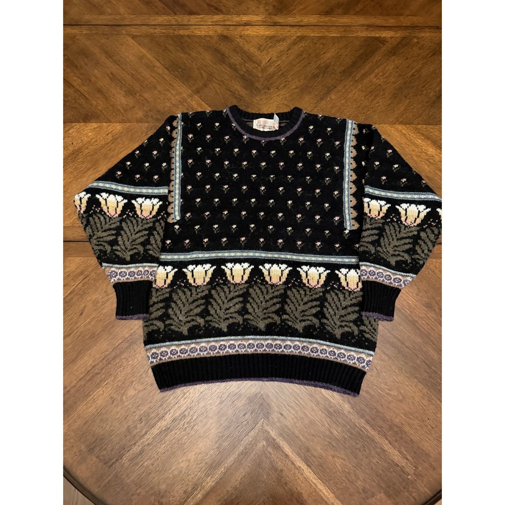Vintage The Import Workshop Floral Tulip Knit Sweater Black Crewneck Medium